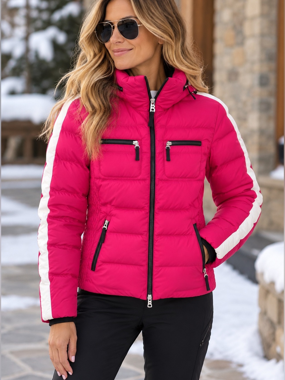 Bogner Fire+Ice Pink Puffer Ski Jacket with White Stripes Down Feather Size 8